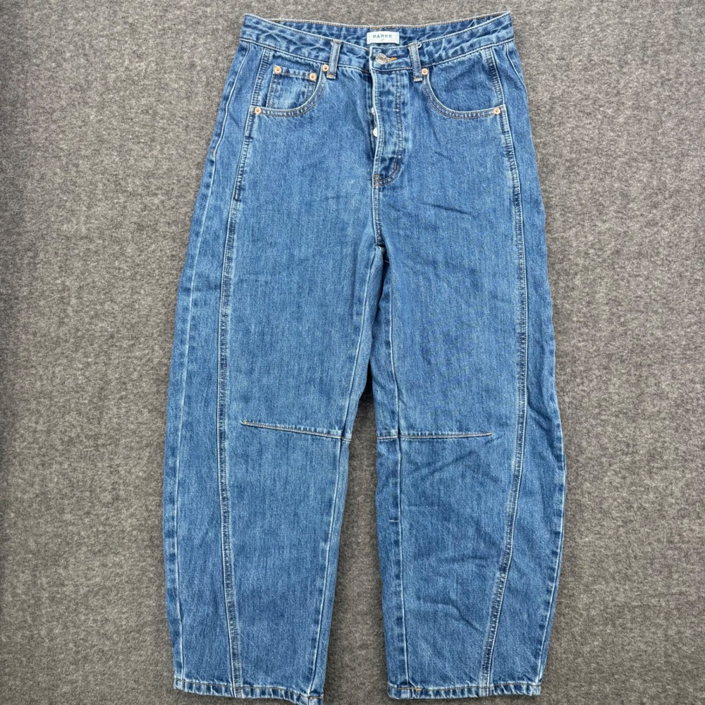 Parke Womens High Rise Barrel Jeans Blue Seam Detail Button Fly Size 27 Crop